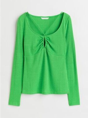 H&M Ribbed Long-Sleeve Twist-Front Top in Green